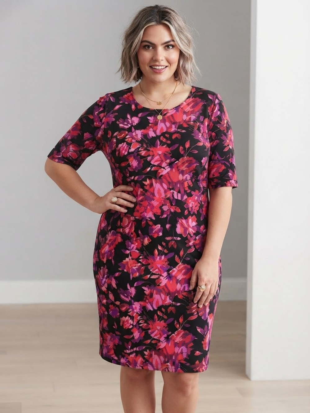 London Times Black Sheath Dress with Pink & Magenta Floral Print